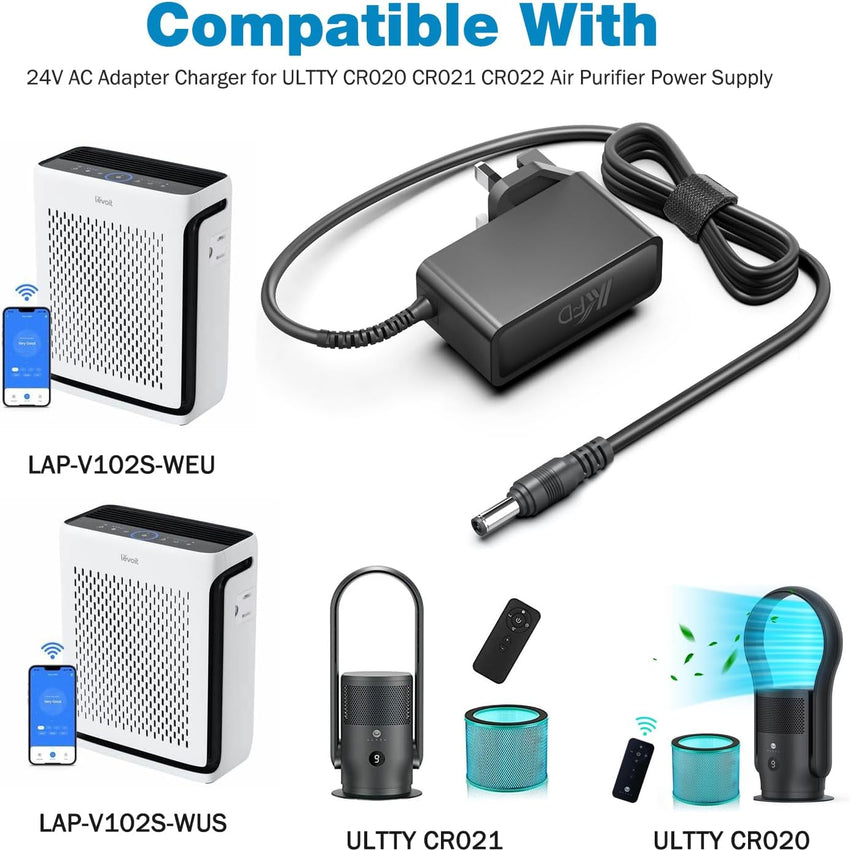 24V Power Supply, AC 240V to 24 Volts DC Transformer Power Adapter for Govee H6076 LED Floor Lamp, Led Strip Lights, Humidifier, Air Purifier, CND LED Lamp, Eufy X8 T2261 T2262 UK Plug Charger