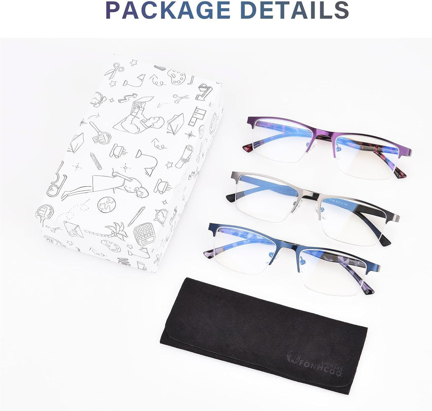 FONHCOO Reading Glasses for Women Men, Blue Light Blocking Reading Glasses Metal Half Frame Computer Readers Anti UV/Glare/Eyestrain (Purple Blue Grey 3.0)