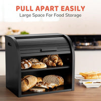 Bamboo Bread Bin 2-Layer Roll-Top Bread Storage with Removable Layer Self Assembly â Black