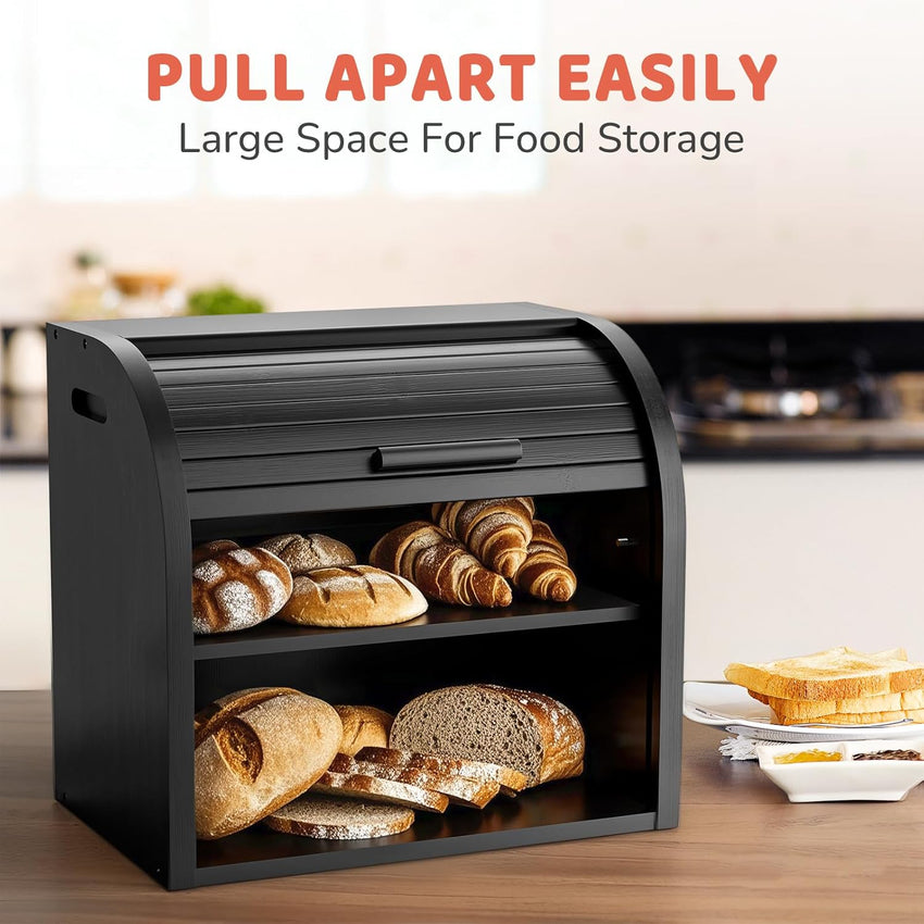 Bamboo Bread Bin 2-Layer Roll-Top Bread Storage with Removable Layer Self Assembly â Black