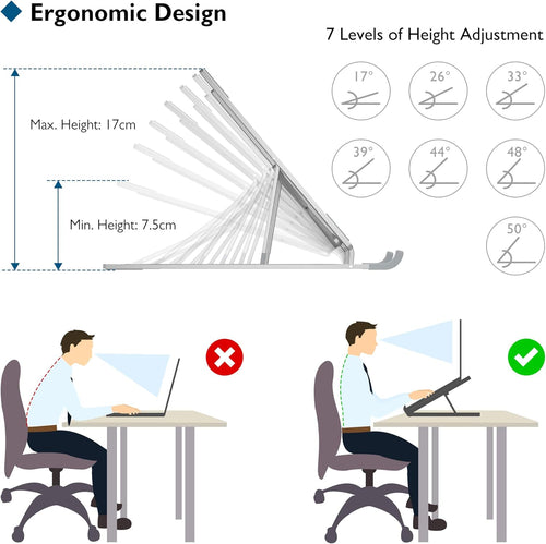 BONTEC Portable Laptop Stands for 10-17.3 inch Laptops Tablet, 7 Levels Height Adjustment Aluminum Laptop Computer Riser, Ventilated Cooling Desktop Laptop Holder Supports up to 20KG