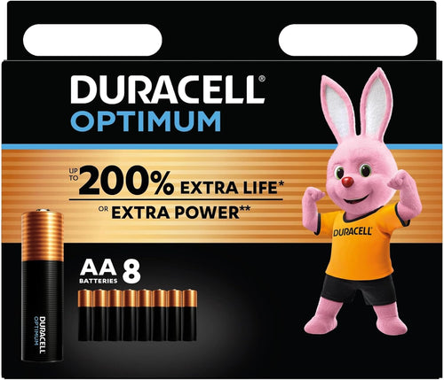 DURACELL Optimum AA Batteries (8 Pack) - Alkaline Batteries 1.5V - 200% More Power Boost Actives - Meets Demands Of Modern Devices - 100% Recyclable, 0% Plastic Packaging - MX1500