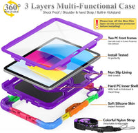 SEYMAC stock Case for iPad 10th Generation 10.9 Inch 2022, Full-Body Drop Protection with Screen Protector, Rotating Stand/Hand Strap & Pencil Holder for iPad 10 Case A2696/ A2757/ A2777, Camo+Purple