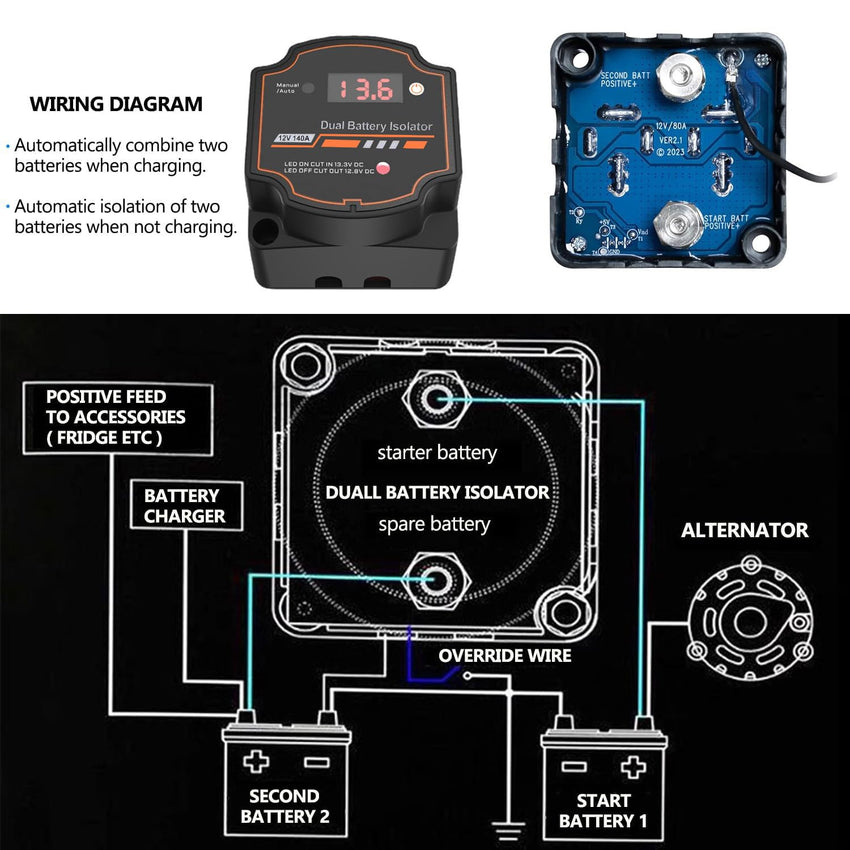 12V 140A Split Charge Relay Kit VSR Dual Isolator with LED Display 5m