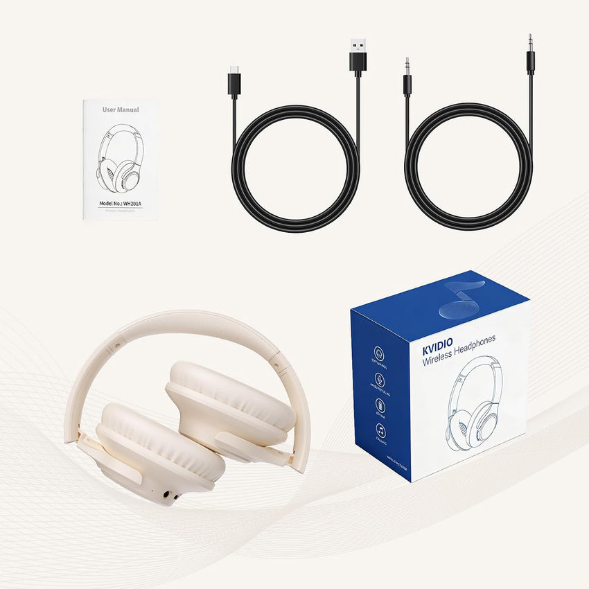 Over-Ear Bluetooth Headphones 65H Playtime Foldable Lightweight Deep Bass Stereo with Mic Beige