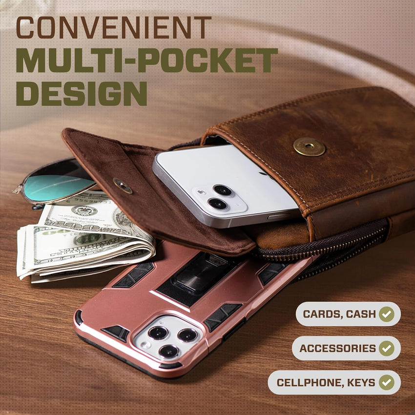 Hengwin Cross Body Bag Genuine Leather for iPhone 16 Pro Max/16 Plus, Passport Holder Travel Wallet Small iPhone 15 14 13 12 11 XS Max, 8 7 6S Plus, Samsung Galaxy S25 S24 S23 S22 S21 Ultra (Coffee)