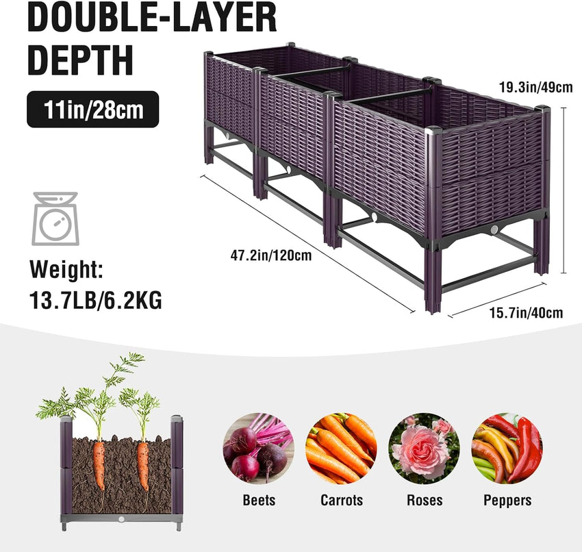 Raised Garden Bed with Reinforcement Rods Elevated Planter Box with Drainage 120 x 40 x 50 cm â Purple Double Layer