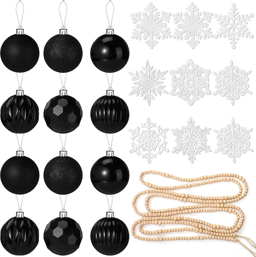 Aoriher 45 Pcs Christmas Tree Ornament Set,34pcs Christmas Ball Ornaments with Xmas Wooden Bead Garland Snowflake Ornaments for Xmas Tree Holiday Wedding Party Wreath Home Decoration(Black)