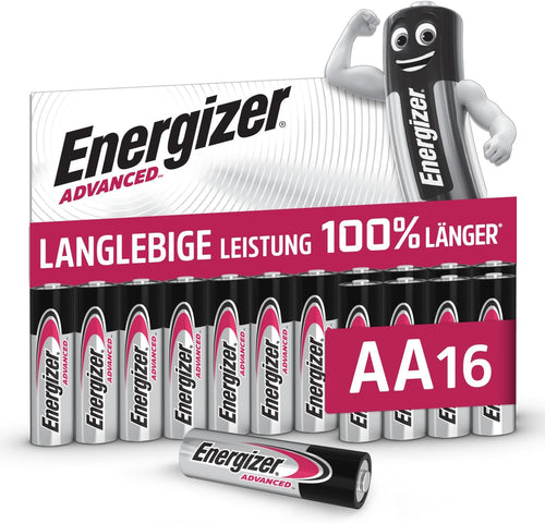 Energizer Advanced - AA Batteries (16 Pack) - Double A Battery 1.5V - Up To 100% Longer Lasting - Ideal for High-Drain Devices - 0% Plastic Packaging - 10 Year Shelf Life [Amazon Exclusive]