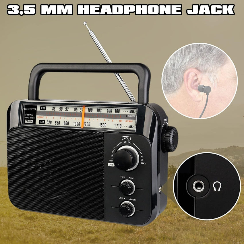 Retekess TR604 Portable Radio READ DESC FM AM Radio,Large Display and Knob,Large Speaker,3.5mm Headphone Jack,Clear Sound,Radios Mains and Battery,Easy to Use for Elderly (Black)