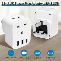Shaver Plug Adaptor UK,SHUOMAO Toothbrush Shaver Adapter with 3 USB,Toothbrush Razor Charger Adapter with 13A Fuse UK 2 Pin to 3 Pin Converter Plug for Epilators Bathroom,for US EU Plug