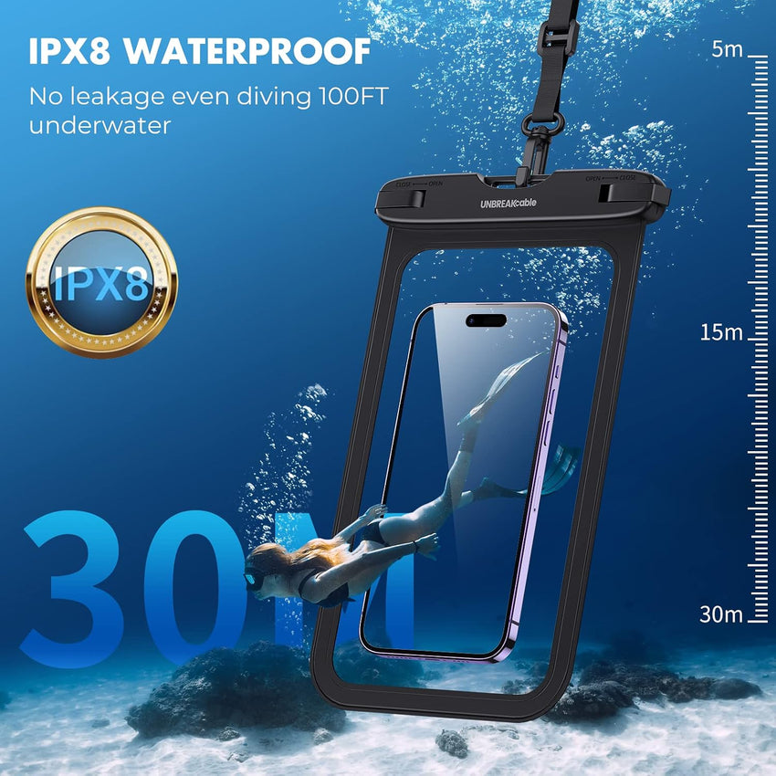 UNBREAKcable Large Waterproof Phone Pouch-2 Pack IPX8 Waterproof Phone Case for iPhone 16 15 14 13 12 11 Pro Max & Samsung S25 S24 S23-Dry Bag & Travel Essentials for Beach, Pool, Kayak & Cruise-9"