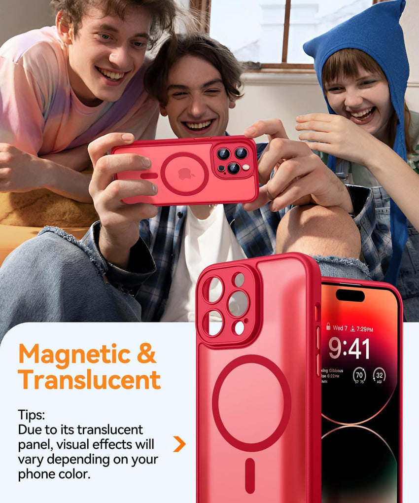 CANSHN Magnetic Compatible with iPhone 14 Pro Case(6.1 Inch), Upgraded [Full Camera Protection] [Compatible with Magsafe] [Translucent Matte] Shockproof Protective Phone Case Cover - Red