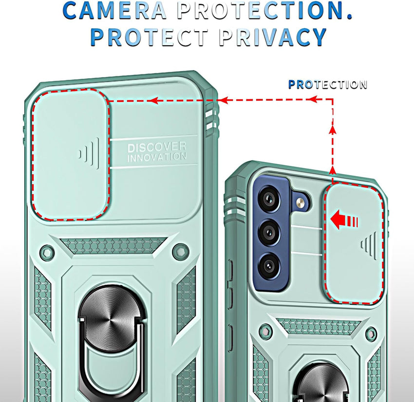 for Samsung Galaxy S21 FE Case with Camera Cover Slider, 2*Screen Protectors,Build in 360^0Rotating Ring Kickstand, Military Grade Protective Case for Galaxy S21 FE 5G 6.4"-Green