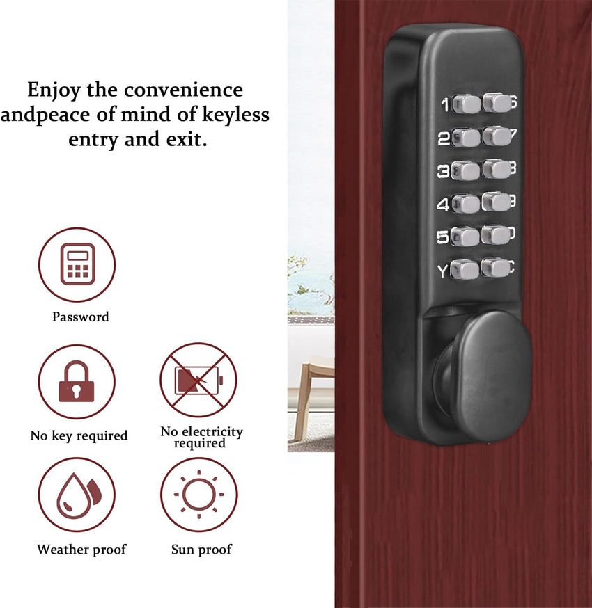Pin Door Lock, Mechanical Combination Lock, Chrome Latch Keyless Entry, Anti Theft Codes Deadbolt Lock for Bidirectional Gate Glass Door