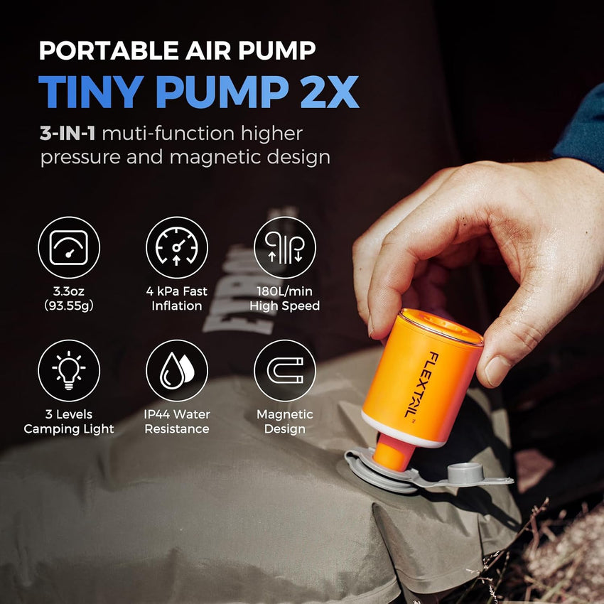 FLEXTAILGEAR Tiny Pump 2X, Portable Electric Air Pump,Vacuum Pump,3 Level Camping Light,Magnetic Design,Fast In/Deflating, Air Mattress, Swimming Ring, Vacuum Storage Bags