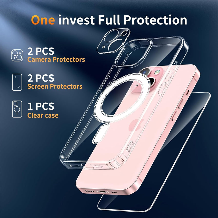 YNMEacc 5 in 1 Magnetic for iPhone 15 Case with 2X Screen Protector + 2 Lens Protector, [Compatible with MagSafe] Slim Soft TPU Silicone Shockproof Anti-Scratch Phone Cover - Clear