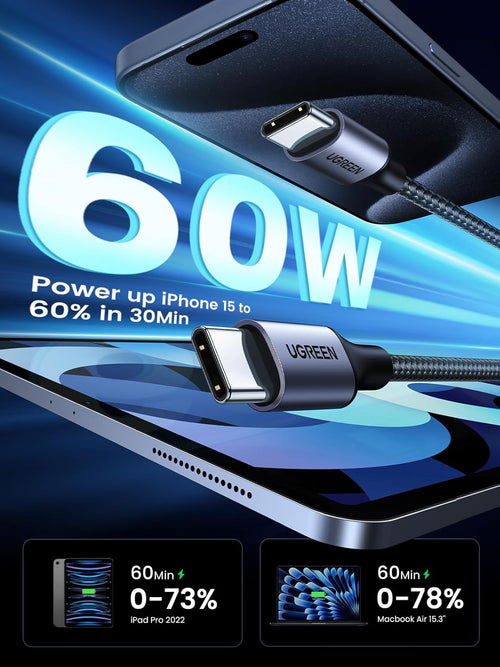 UGREEN USB C to USB-C Charger Cable 60W Type C to C Lead Fast Charging Compatible With iPhone Air/17/16 Pro Max, Galaxy S25 Ultra, Pixel 9, iPad Pro 2024/Air 5, MacBook Pro (1M)