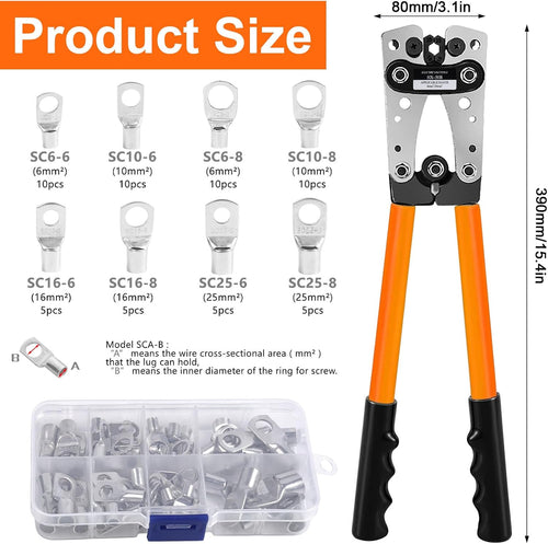 Polegas Battery Cable Crimping Tool Kit 60 Copper Ring Terminals 6-50mm Black