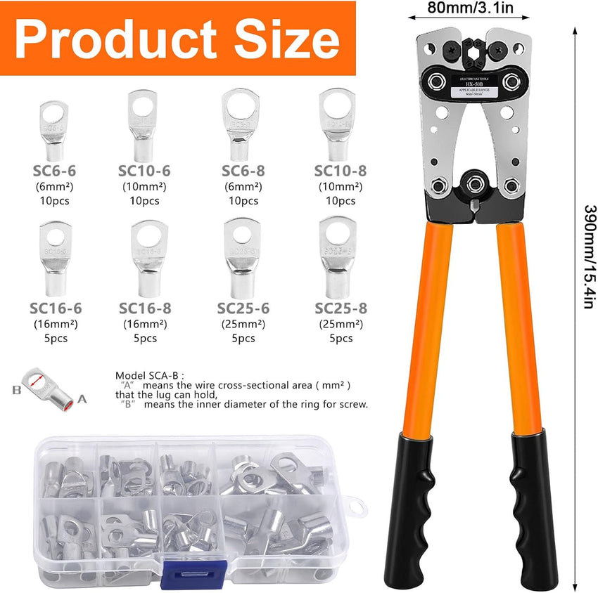Polegas Battery Cable Crimping Tool Kit 60 Copper Ring Terminals 6-50mm Black