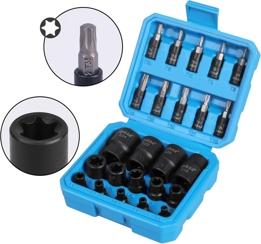 Torx Bit Socket Female E-Torx External Sockets Set 24PCS | 10pcs Star Socket Bits (T8-T40) & 14pcs Female E-Torx Sockets (E4-E24) 1/4" 3/8" 1/2" | CRV | Enhanced Mini Storage Case