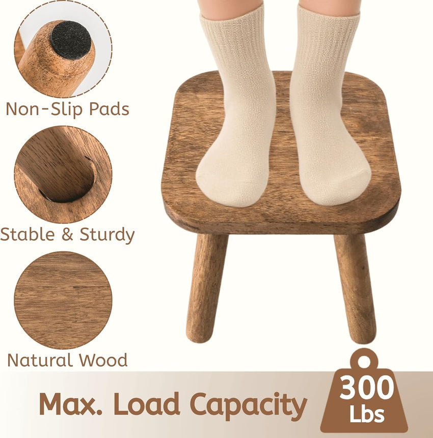 YOUEON Small Wooden Stool, 24 cm Non-Slip One Step Stool for Adults Kids, Holds up to 300 Lbs, Portable & Sturdy, Small Footstool for Bedroom, Bathroom, Kitchen, Easy to Assemble