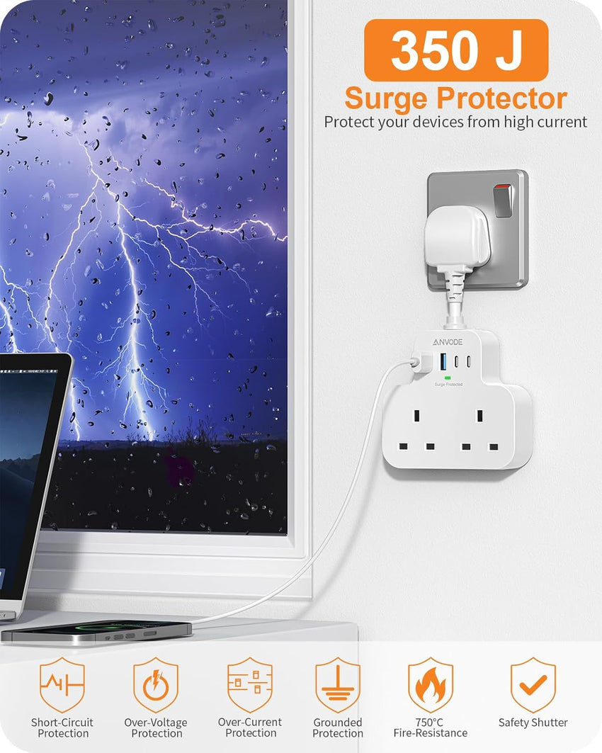 Multi Plug Extension Socket with 4 USB Ports, ANVODE 2 Way Plug Adaptor with Flexible Cable, Short Extension Lead Double Adapter Plug UK for Bedroom, Office, Kitchen. White