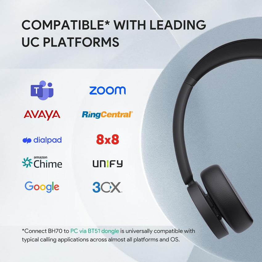 Yealink BH70 Wireless Headset with Microphone Noise Cancelling, Stereo Bluetooth Headset for Office 35h Talking Time Work Teams Headsets for Computer PC