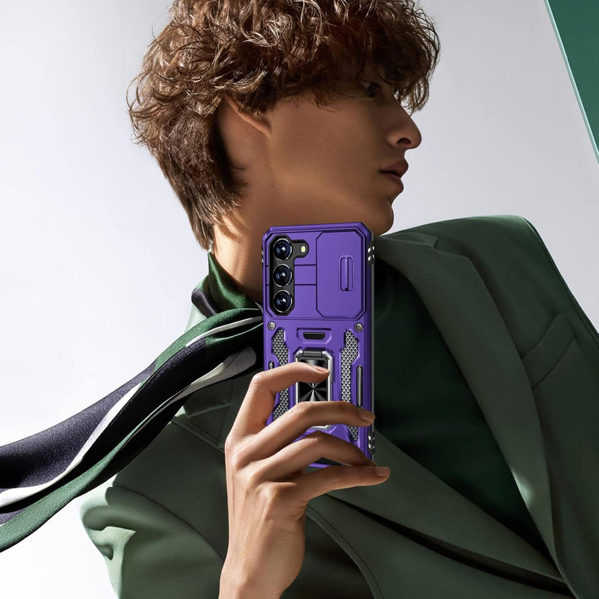 BaHaHoues for Samsung Galaxy S23 Case with Slide Camera Cover and 360^0 Rotatable Magnetic Kickstand Ring, Military Grade Shockproof Protective Case for Galaxy S23 5G (Purple)