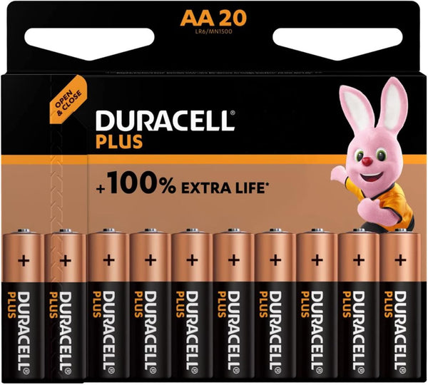 DURACELL Plus AA Batteries (20 Pack) - Alkaline Batteries 1.5V - Up to 150% Extra Life with POWER BOOST Actives - Packaging may vary - 0% Plastic Packaging - 10-Year Storage - MN1500