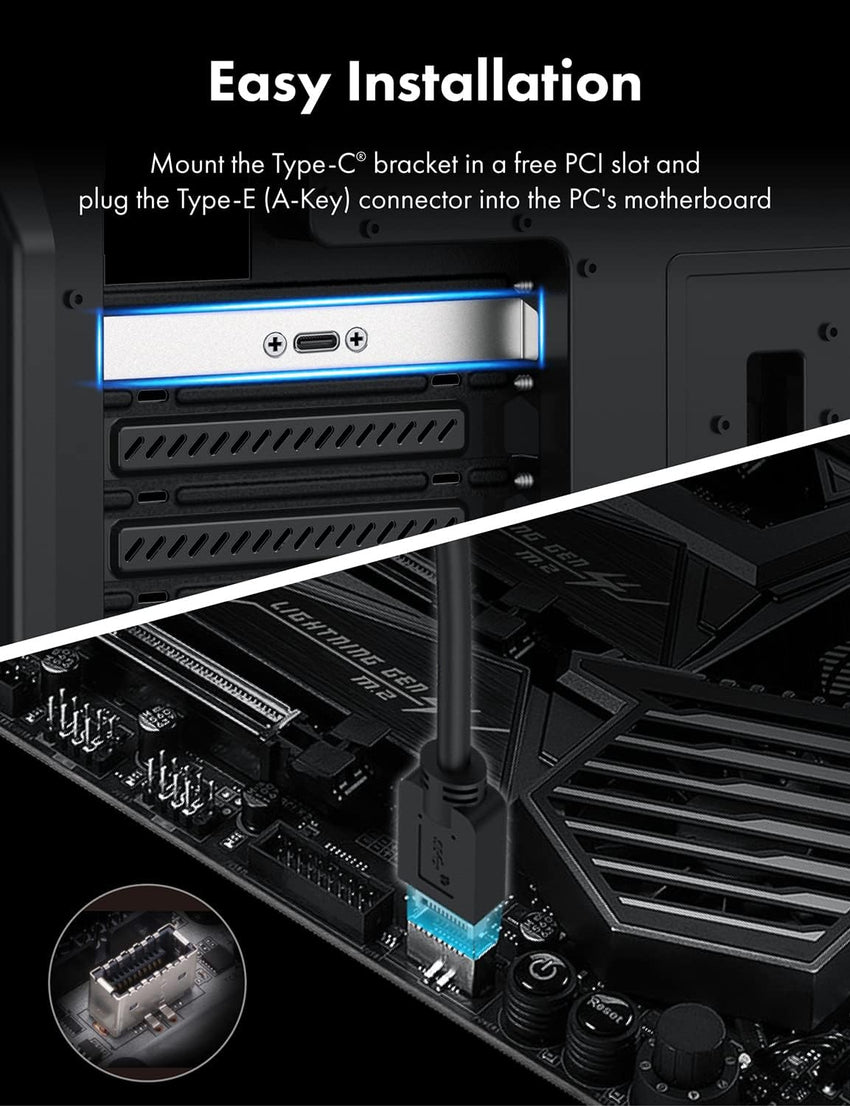 GRAUGEAR 20Gbps USB 3.2 Gen 2x2 USB-C Front Panel Adapter, Motherboard Header Extension Cable, USB-C Female to 20-pin USB Type-E A-Key Male Connector with PCIe Bracket, 19.6 in [G-AD-ETC-10G]