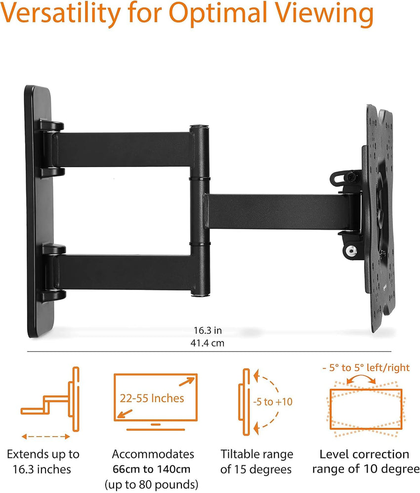 Amazon Basics TV Wall Bracket READ DESC 26-55 inch(66cm-140cm) TVs, Swivels Tilts TV Wall Mount for Flat & Curved TV, VESA 100x100mm to 400x400mm, holds up to 36kg, Black