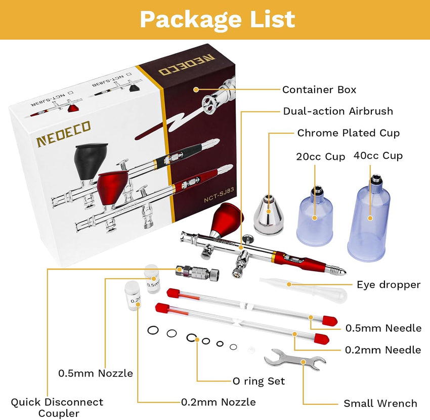 NEOECO SJ83 Airbrush, Self-Centring Plug-in Nozzleï¼0.2, 0.3 & 0.5mm Nozzle Sets and 1/3 oz Cup, Dual-Action Gravity Feed Airbrush with 1/3 oz,2/3 oz,4/3 oz Replacement Cups (RED)