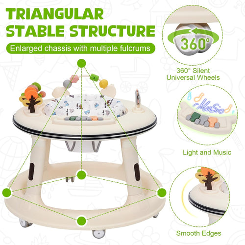 Baby Walker Height Adjustable with Music & Light,Kids Activity Walker Sit and Stand with 360Â° Quiet Wheels,Swivel Seat,Foot Pad and Game Play Center,Gift for Girls Boys Toddler,White