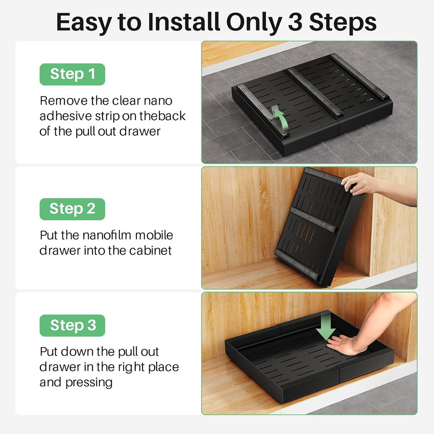 Pull-Out Cabinet Organiser 2-Pack Extendable Slide-Out Drawers Nano Tape or Screws â 43D x 30-50W x 5.8H cm