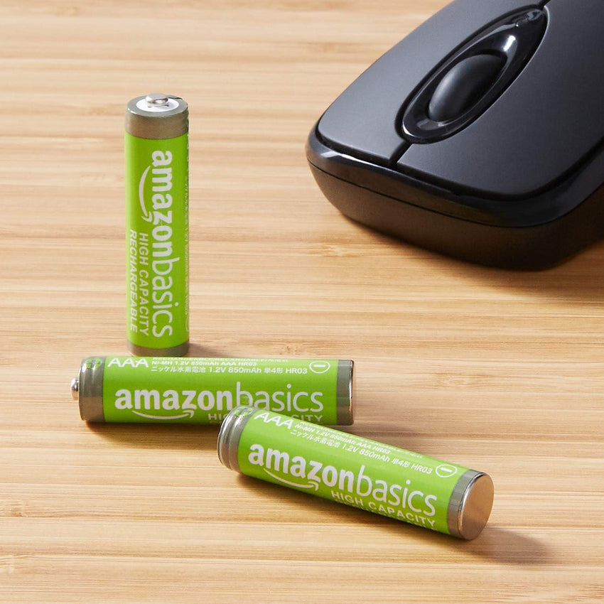 Amazon Basics 12-Pack Rechargeable AAA NiMH High-Capacity Batteries, 850 mAh, 1.2V, Recharge up to 500x Times, Pre-Charged