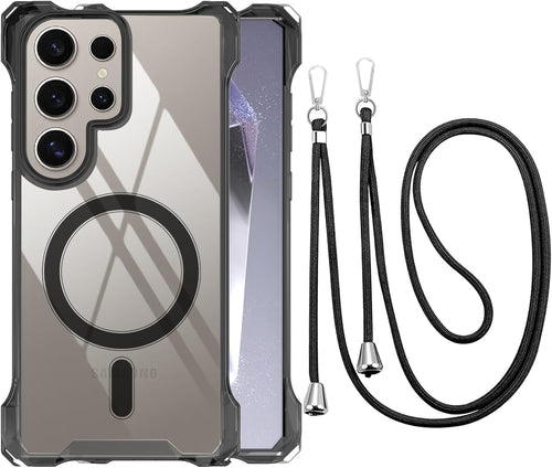 CAROKI Crossbody Lanyard Case for Samsung S25 Ultra,Ultra Clear Hard Back Magnetic Case Compatible with MagSafe Bumper with Strap Adjustable Neck Cord Cover for Samsung S25 Ultra-Black