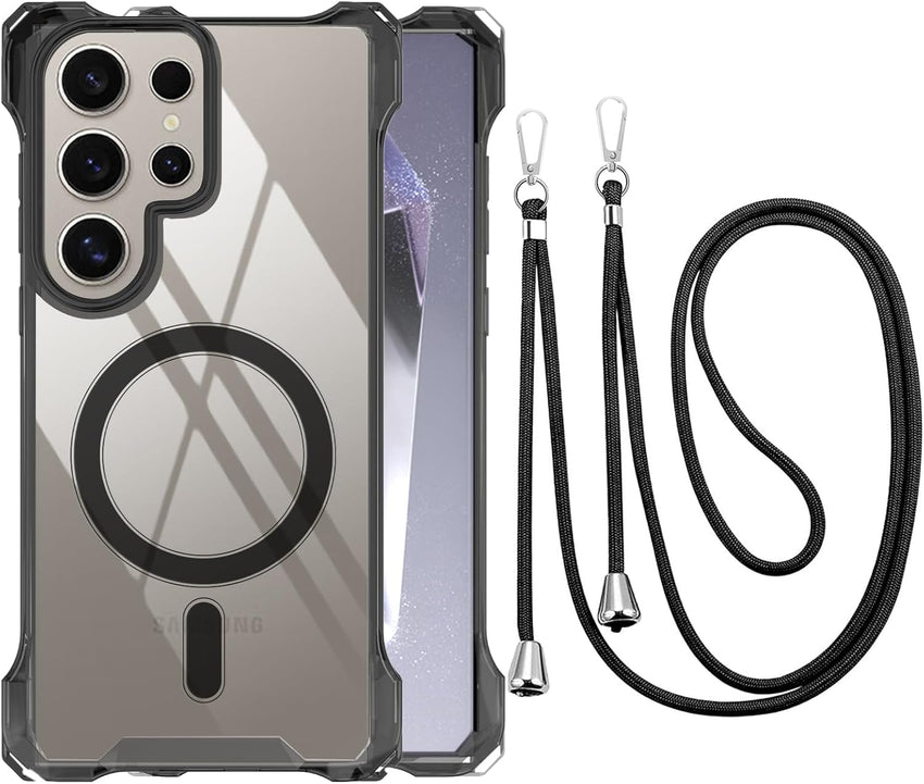CAROKI Crossbody Lanyard Case for Samsung S25 Ultra,Ultra Clear Hard Back Magnetic Case Compatible with MagSafe Bumper with Strap Adjustable Neck Cord Cover for Samsung S25 Ultra-Black