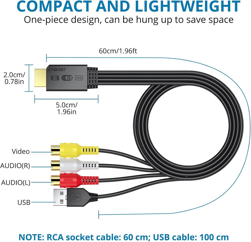 AUTOUTLET RCA to HDMI with 1080P/720P HD Support, AV to HDMI Converter, Long 150cm Cable, Plug & Play Mini Composite CVBS Audio Video Adapter for VCR, VHS, DVD Players and Classic Gaming Consoles