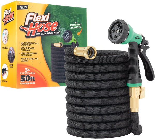 Expandable Garden Hose 50ft with 8-Function Nozzle No-Kink Brass Fittings