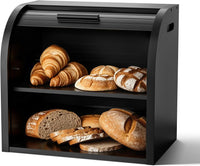 Bamboo Bread Bin 2-Layer Roll-Top Bread Storage with Removable Layer Self Assembly â Black