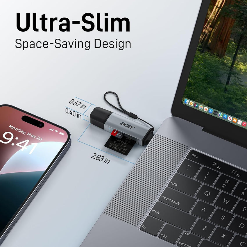 Acer SD Card Reader, USB C & USB 3.0 Memory Card Reader Adapter Supports SD/Micro SD/SDHC/SDXC/MMC, Compatible with iPhone 17 16 15 Series, MacBook Pro/Air, iPad Pro 2021, Galaxy S26, XPS 13, etc.