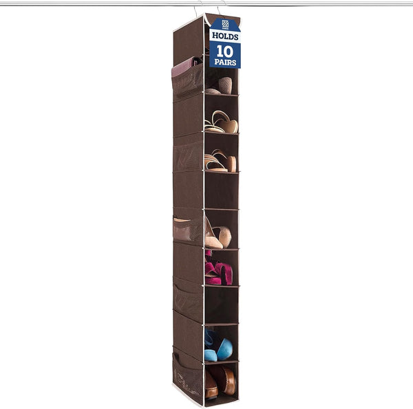 Premium 10-Shelf Hanging Shoe Storage Organiser With Side Mesh Pockets- Superior Tear Proof Fabric, Hanging Shoe Shelves With 2 Hooks- Collapsible Wardrobe Storage Closet Organiser for Shoes & Clothes