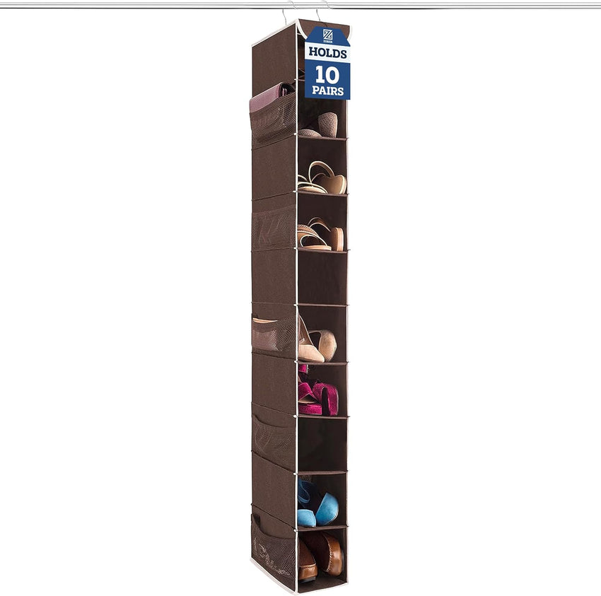 Premium 10-Shelf Hanging Shoe Storage Organiser With Side Mesh Pockets- Superior Tear Proof Fabric, Hanging Shoe Shelves With 2 Hooks- Collapsible Wardrobe Storage Closet Organiser for Shoes & Clothes