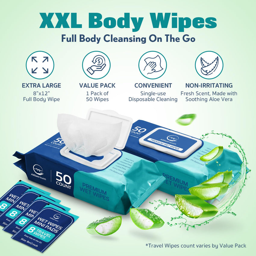 Wet Body Wipes for Adults No Rinse Aloe Vera Vitamin E 8" x 12" (400 count)