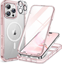 Miracase Magnetic Case for iPhone 16 Pro Case 6.3-Inch, Full Body Bumper Case Compatible with MagSafe and Built-in 9H Tempered Glass Screen Protector + Camera Lens Protector (Clear Pink)