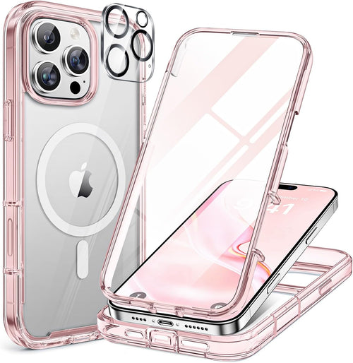 Miracase Magnetic Case for iPhone 16 Pro Case 6.3-Inch, Full Body Bumper Case Compatible with MagSafe and Built-in 9H Tempered Glass Screen Protector + Camera Lens Protector (Clear Pink)