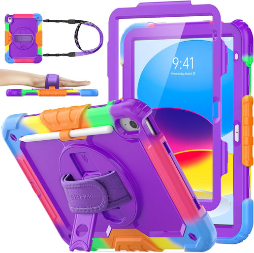 SEYMAC stock Case for iPad 10th Generation 10.9 Inch 2022, Full-Body Drop Protection with Screen Protector, Rotating Stand/Hand Strap & Pencil Holder for iPad 10 Case A2696/ A2757/ A2777, Camo+Purple