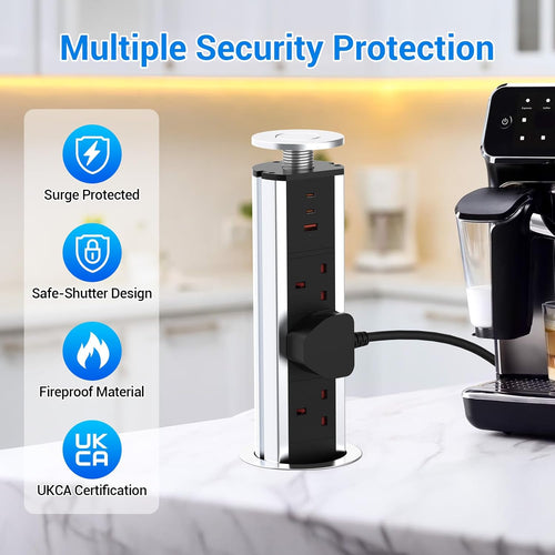 CURUK Pop Up Sockets for Kitchen Worktops SOME DAMAGE with 3 USB Ports(2 Type C and 1 USB-A), 3 Plug Extension Recessed Desk Power Socket with 1.8M Cable for Home, Office - Silver