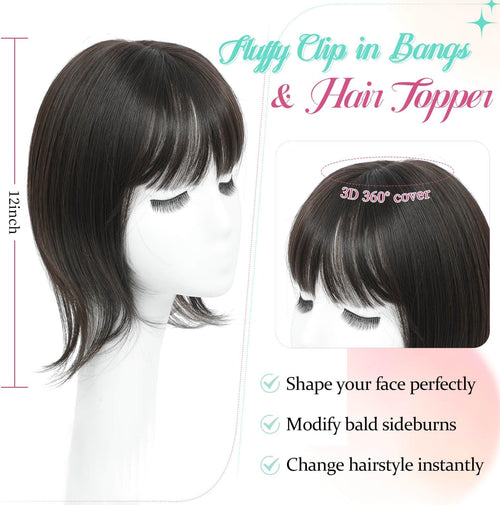 Peonymebeauty Fake Bangs Hair Toppers for Women, 4"X5" Base Topper with 360Â°Clip in Fringe for Hair Loss 12 Inch Synthetic Fiber Wiglets Ladies Straight Hairpieces for Daily Use Add Volume(Dark Brown)
